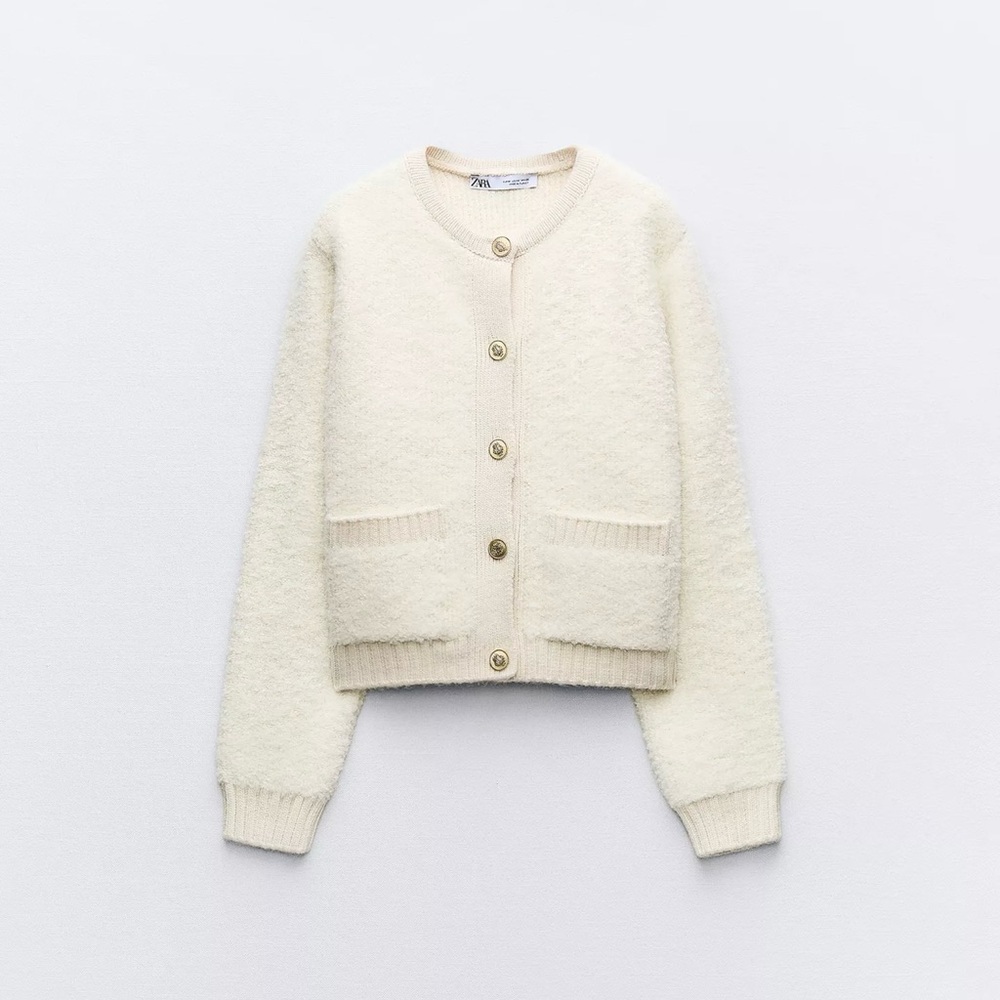 Zara Beige Knit Cardigan with Gold Accents